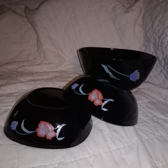 Vintage Black Onyx Glass Floral Kitchen Salad Bowl Set France - Picture 3 of 8